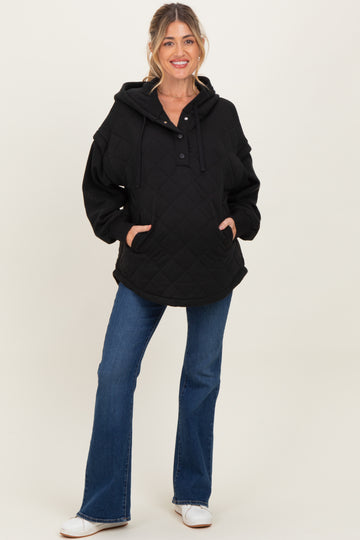 Black Quilted Contrast Maternity Button Hoodie