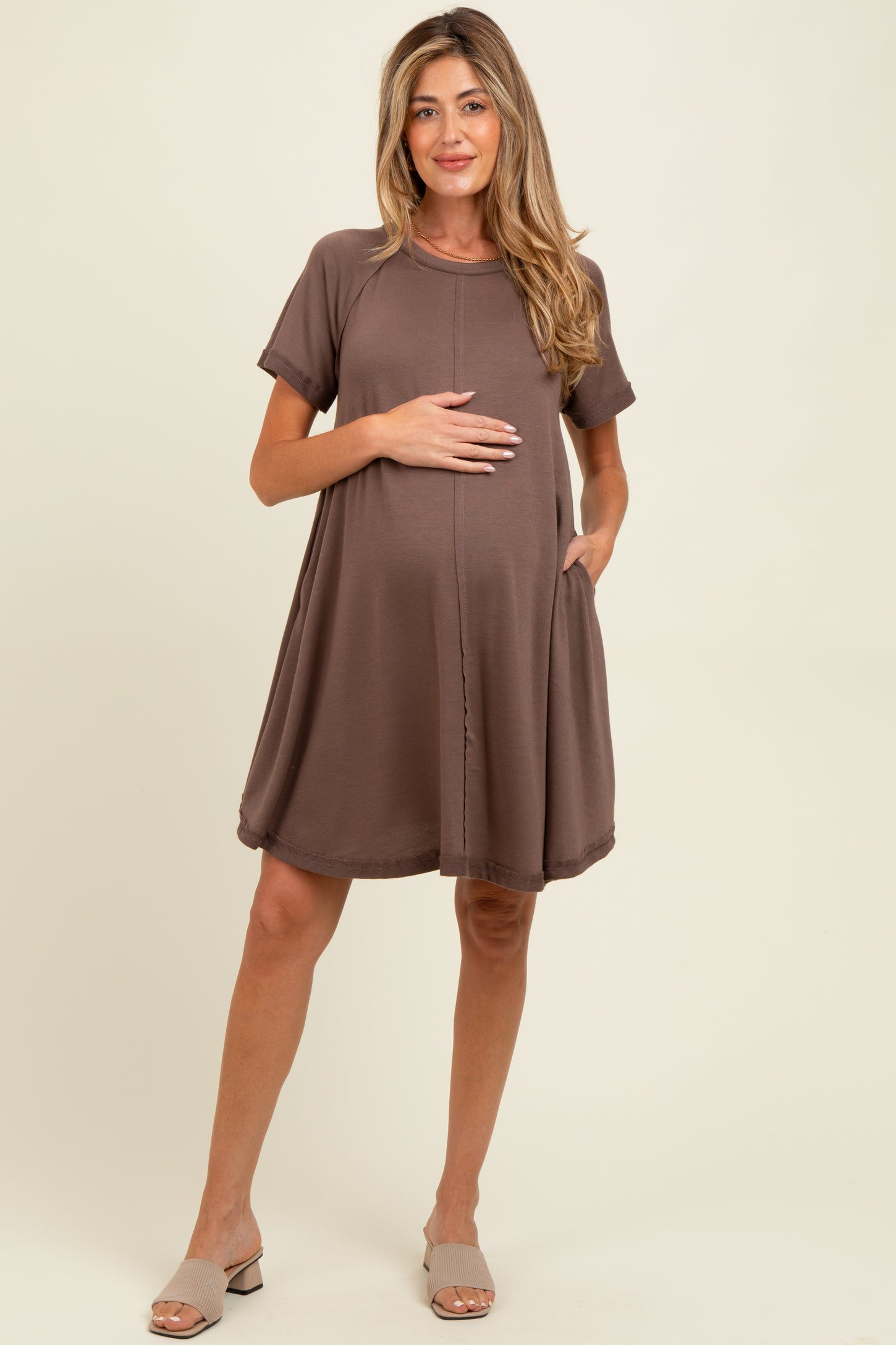 Brown Solid T-shirt Maternity Mini Dress