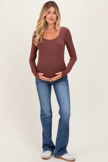Dark Mocha Ribbed Square Neck Long Sleeve Maternity Top