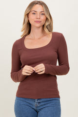 Dark Mocha Ribbed Square Neck Long Sleeve Top