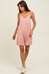 Mauve Solid Ribbed V-Neck Sleeveless Front Pocket Romper