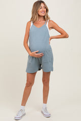 Light Blue Solid Ribbed V-Neck Sleeveless Front Pocket Maternity Romper