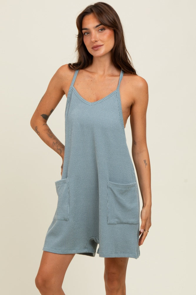 Light Blue Solid Ribbed V-Neck Sleeveless Front Pocket Romper