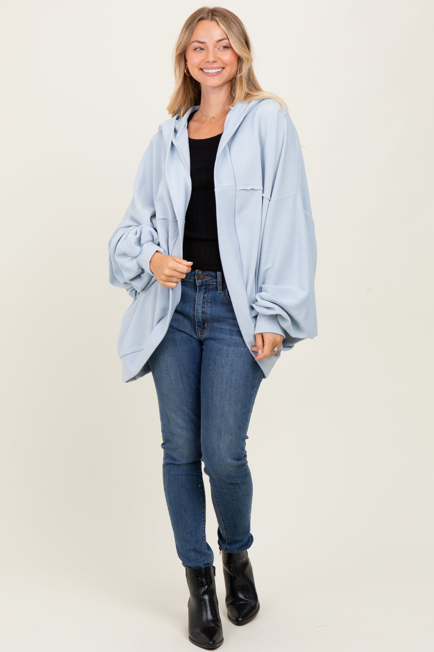 Light Blue Solid Terry Long Dolam Sleeve Vintage Hoodie