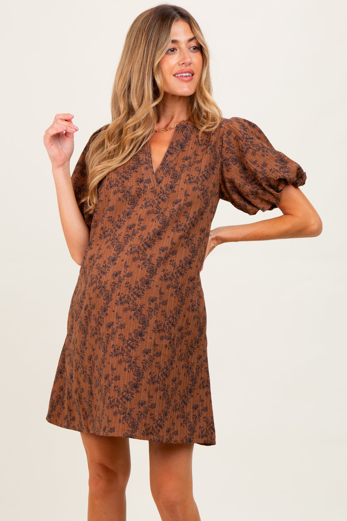 Brown Textured Floral Bubble Sleeve A-Line Maternity Mini Dress