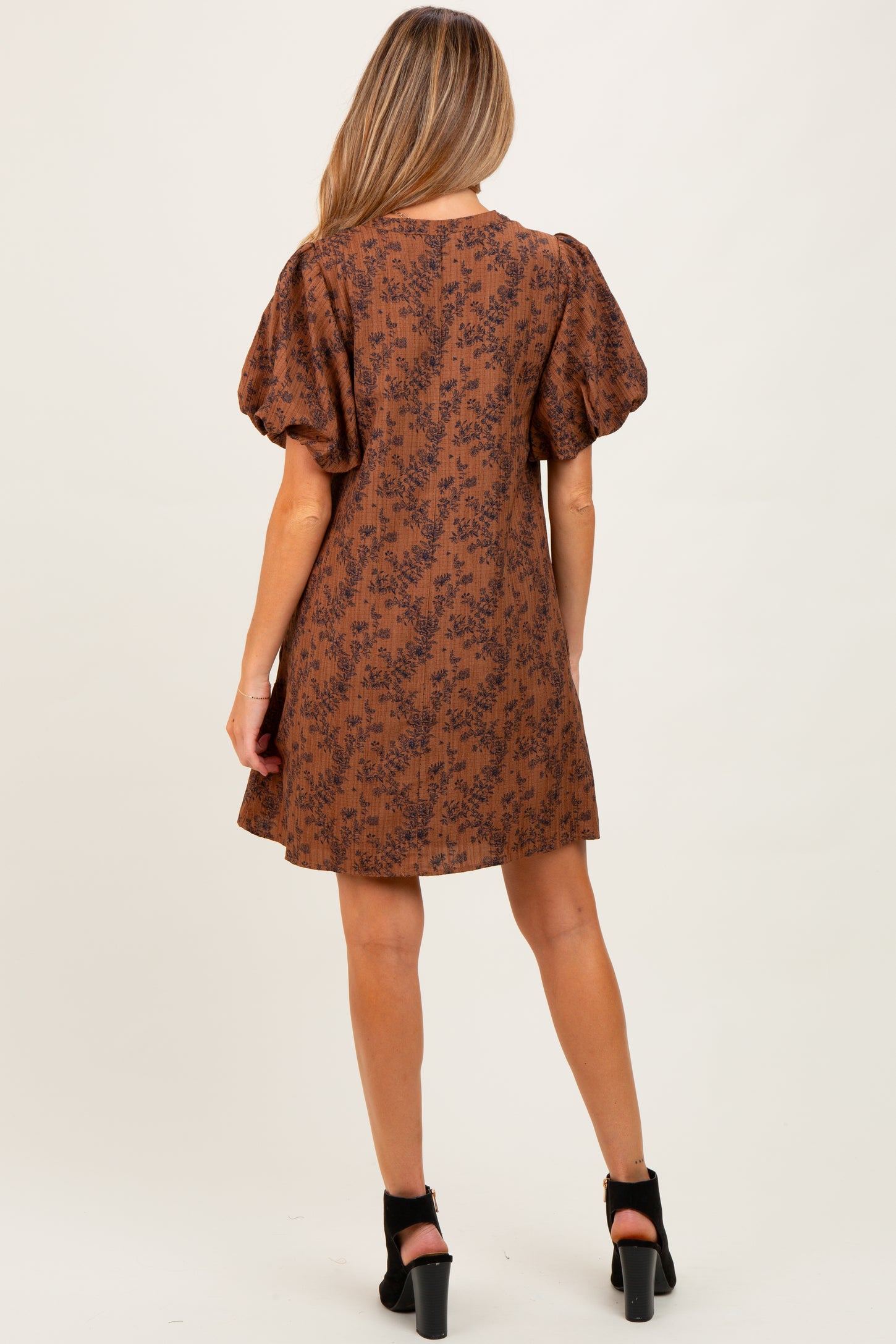 Brown Textured Floral Bubble Sleeve A-Line Maternity Mini Dress