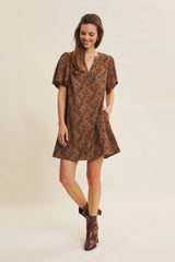 Brown Textured Floral Bubble Sleeve A-Line Mini Dress