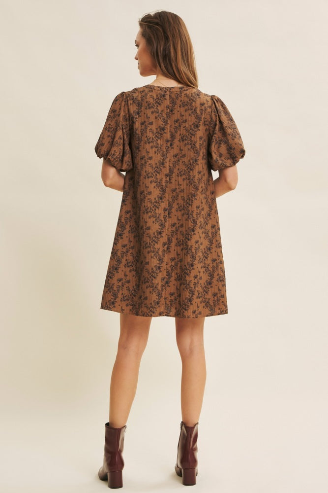 Brown Textured Floral Bubble Sleeve A-Line Mini Dress