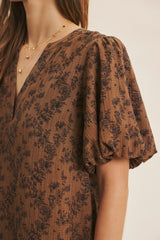 Brown Textured Floral Bubble Sleeve A-Line Mini Dress