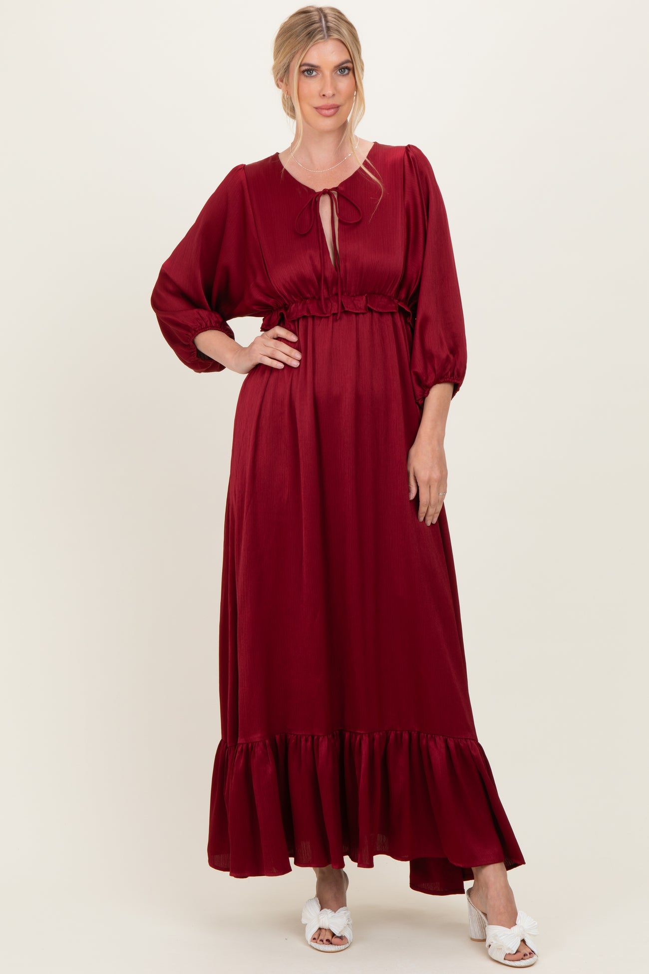 Burgundy Solid Satin Long Sleeve Open V-Neck Ruffle Waist Tiered Maternity Maxi Dress