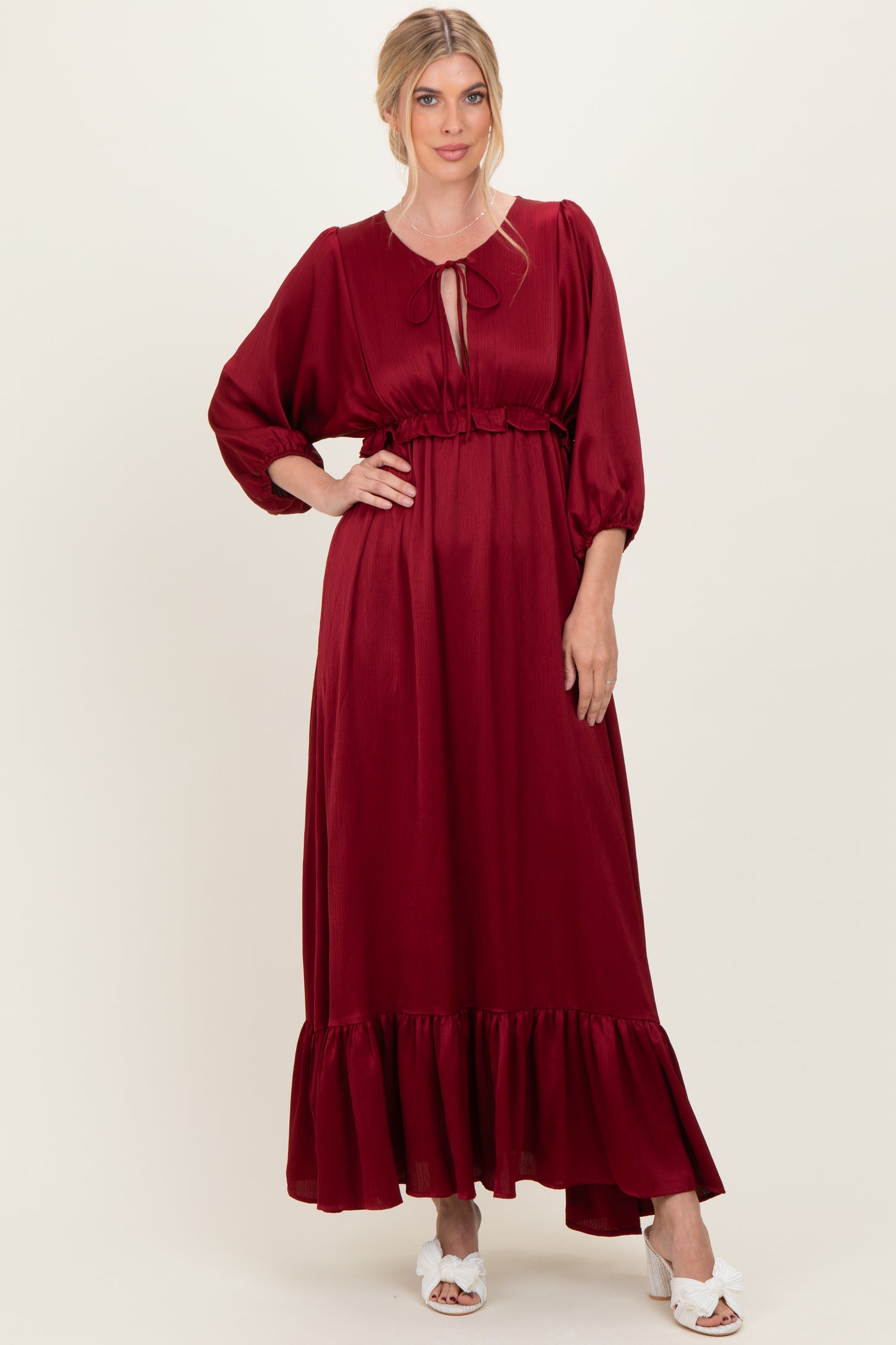 Burgundy Solid Satin Long Sleeve Open V-Neck Ruffle Waist Tiered Maxi Dress
