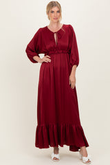Burgundy Solid Satin Long Sleeve Open V-Neck Ruffle Waist Tiered Maxi Dress