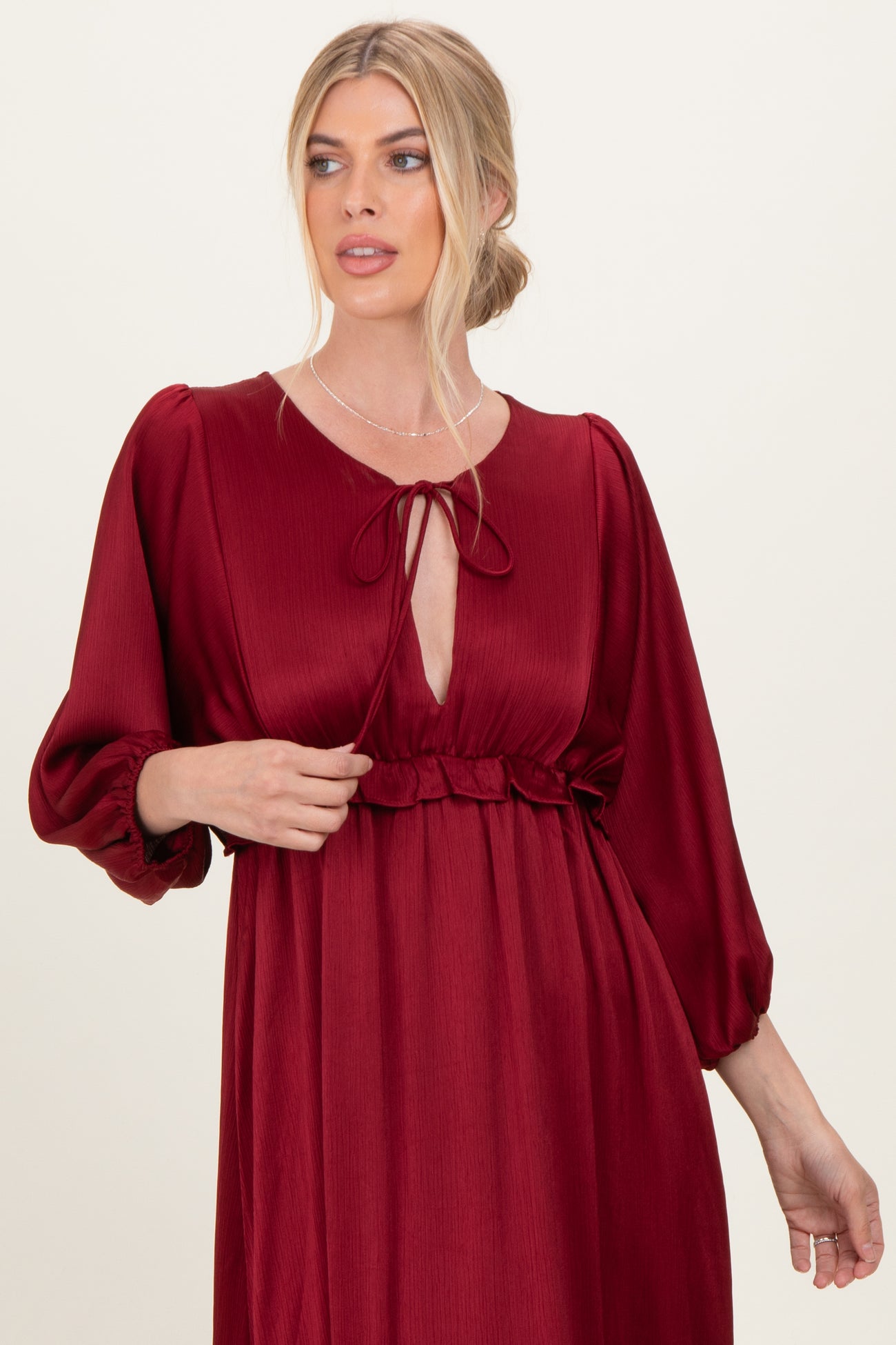 Burgundy Solid Satin Long Sleeve Open V-Neck Ruffle Waist Tiered Maxi Dress