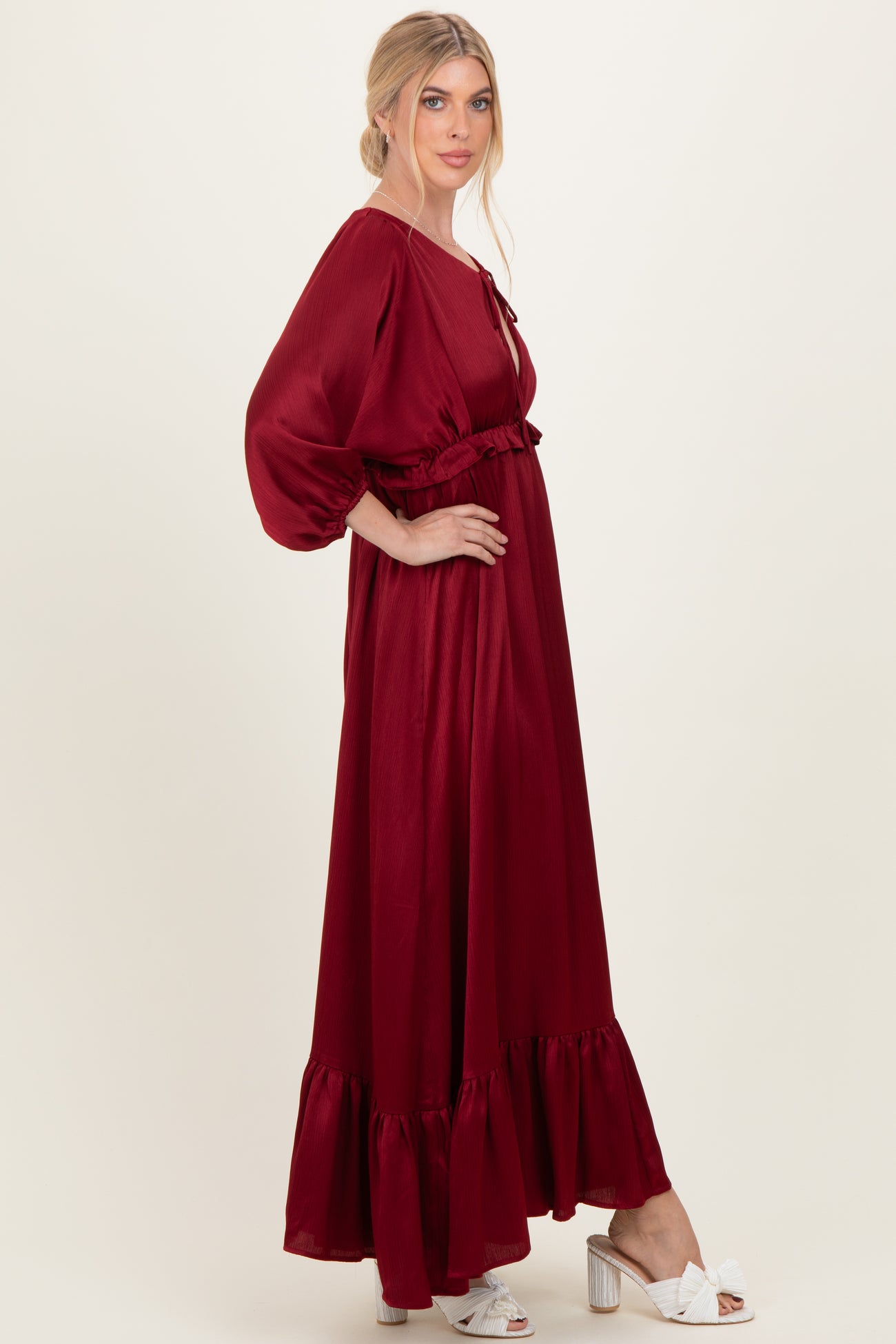 Burgundy Solid Satin Long Sleeve Open V-Neck Ruffle Waist Tiered Maxi Dress