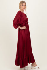 Burgundy Solid Satin Long Sleeve Open V-Neck Ruffle Waist Tiered Maxi Dress