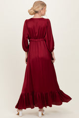 Burgundy Solid Satin Long Sleeve Open V-Neck Ruffle Waist Tiered Maxi Dress