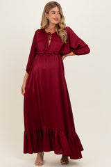 Burgundy Solid Satin Long Sleeve Open V-Neck Ruffle Waist Tiered Maternity Maxi Dress