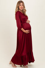 Burgundy Solid Satin Long Sleeve Open V-Neck Ruffle Waist Tiered Maternity Maxi Dress