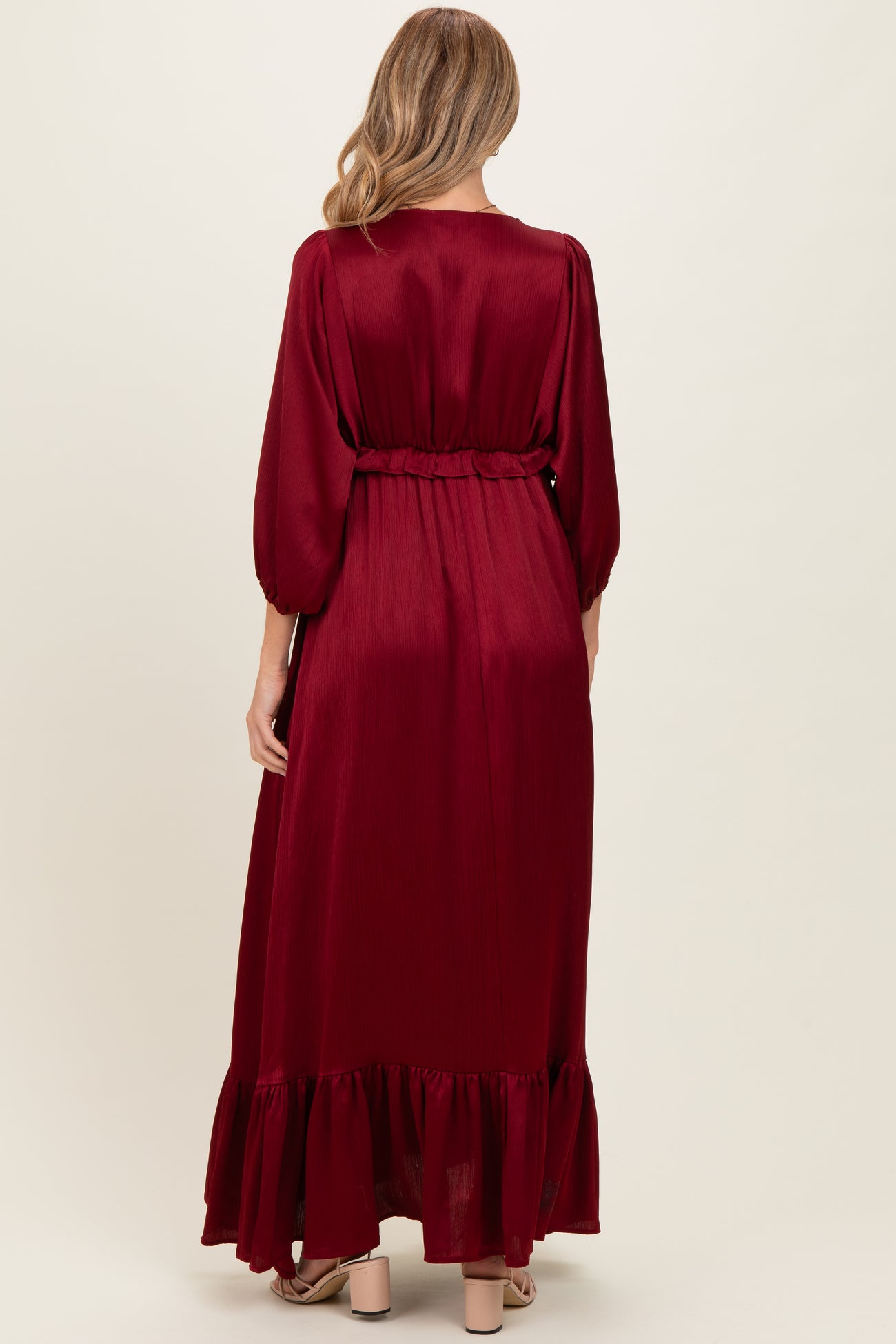 Burgundy Solid Satin Long Sleeve Open V-Neck Ruffle Waist Tiered Maternity Maxi Dress