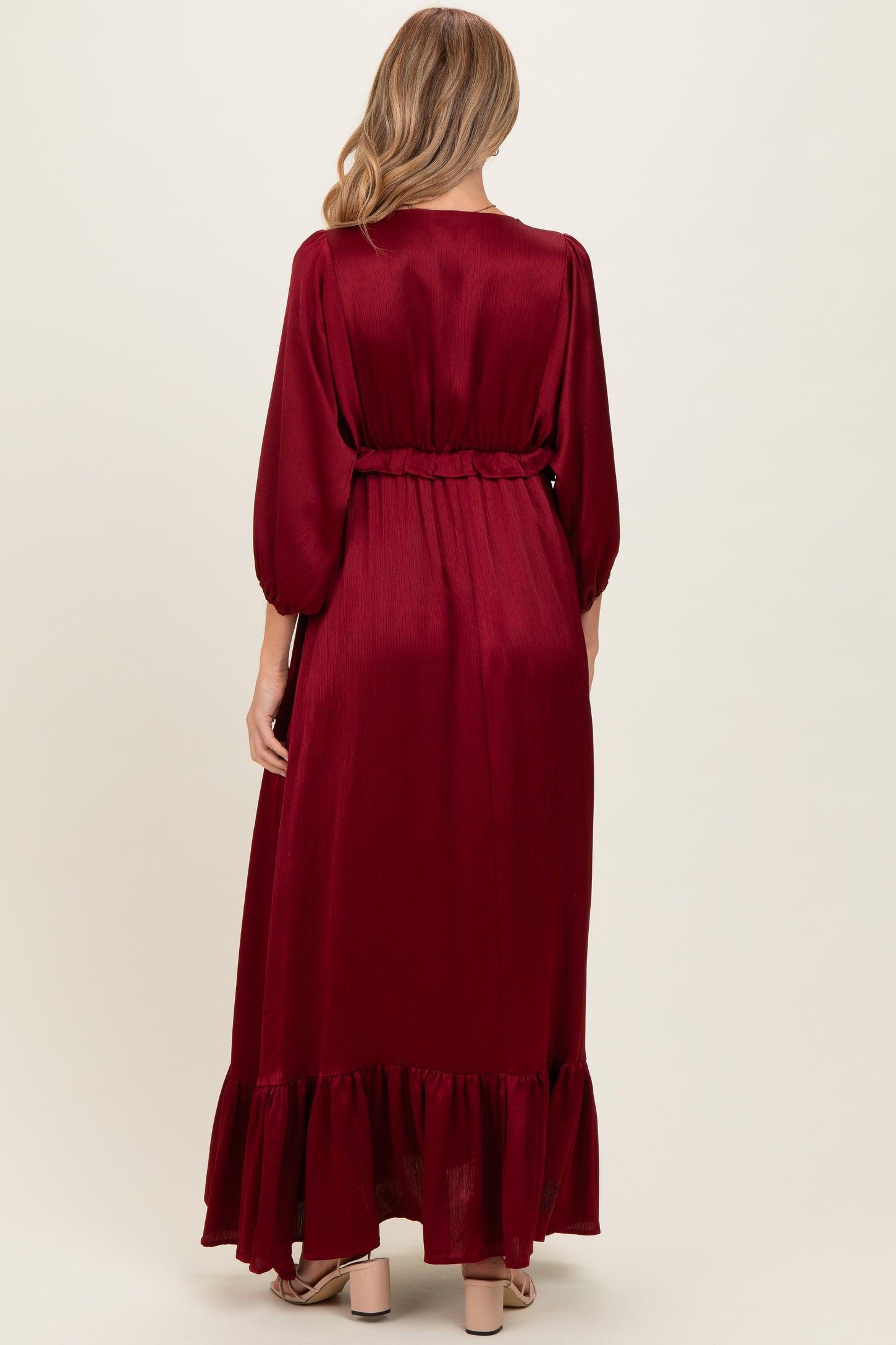 Burgundy Solid Satin Long Sleeve Open V-Neck Ruffle Waist Tiered Maternity Maxi Dress