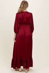 Burgundy Solid Satin Long Sleeve Open V-Neck Ruffle Waist Tiered Maternity Maxi Dress