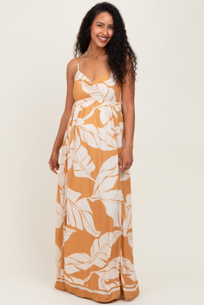 Camel Leaf Print Sleeveless Maternity Maxi Dress