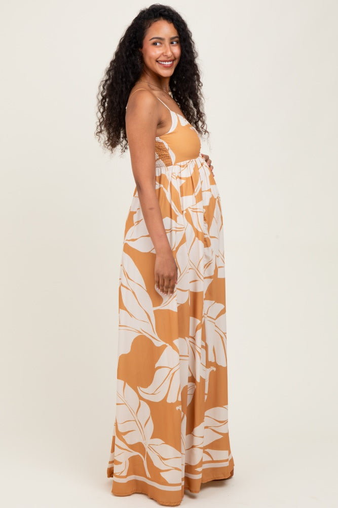 Camel Leaf Print Sleeveless Maternity Maxi Dress