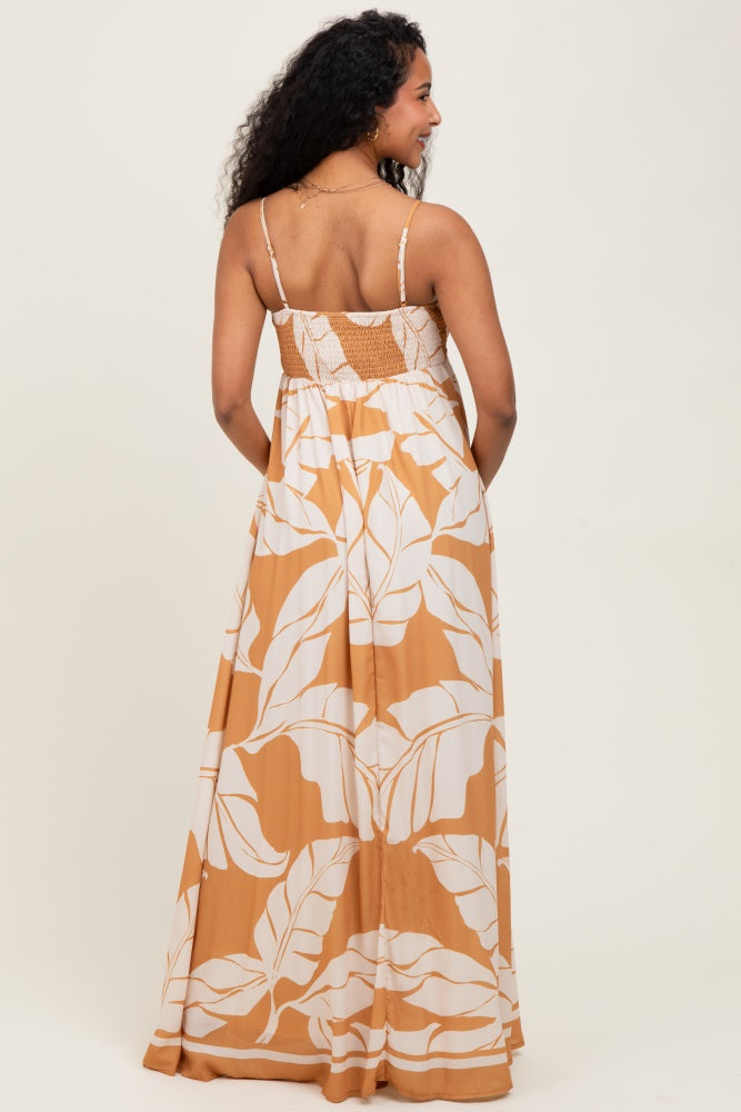 Camel Leaf Print Sleeveless Maternity Maxi Dress