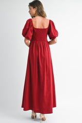 Burgundy Square Neck Puff Sleeve Maxi Dress