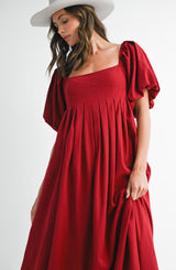 Burgundy Square Neck Puff Sleeve Maxi Dress