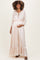Beige Solid Satin Long Sleeve Open V-Neck Ruffle Waist Tiered Maternity Maxi Dress