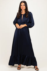 Navy Solid Satin Long Sleeve Open V-Neck Ruffle Waist Tiered Maternity Maxi Dress