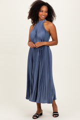 Navy Blue Pleated Halter Dress