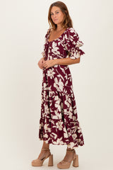 Burgundy Floral Short Sleeve Square Neck Tiered Maxi Dress