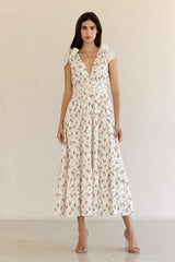 Ivory Floral Deep V-Neck Shoulder Tie Maternity Midi Dress