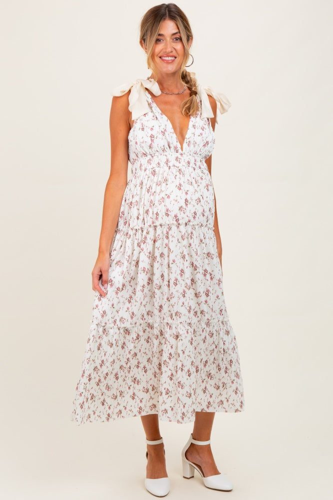 Ivory Floral Deep V-Neck Shoulder Tie Maternity Midi Dress