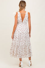 Ivory Floral Deep V-Neck Shoulder Tie Maternity Midi Dress