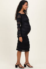 Black Lace Ruffle Tiered Off Shoulder Maternity Midi Dress