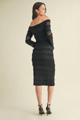 Black Lace Ruffle Tiered Off Shoulder Midi Dress