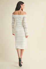 White Lace Ruffle Tiered Off Shoulder Midi Dress