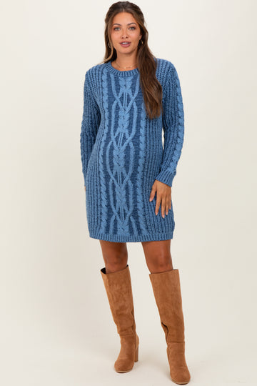 Blue Two Tone Cable Knit Maternity Mini Sweater Dress
