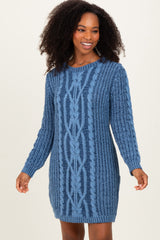 Blue Two Tone Cable Knit Mini Sweater Dress