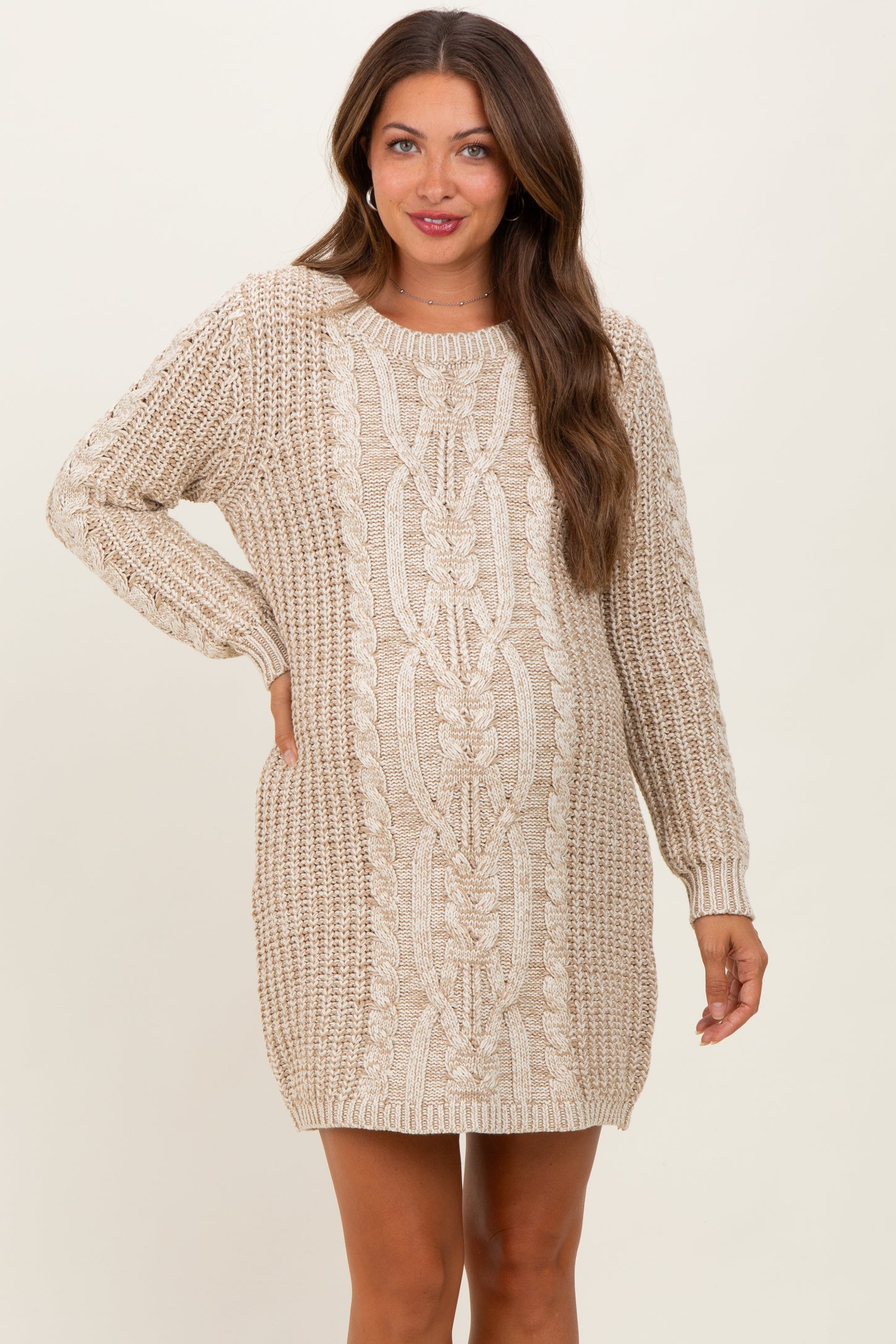 Beige Two Tone Cable Knit Maternity Mini Sweater Dress