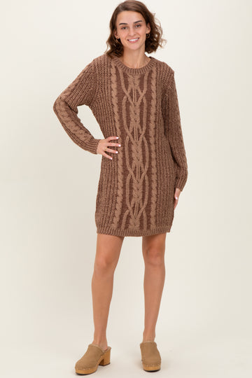 Brown Two Tone Cable Knit Mini Sweater Dress