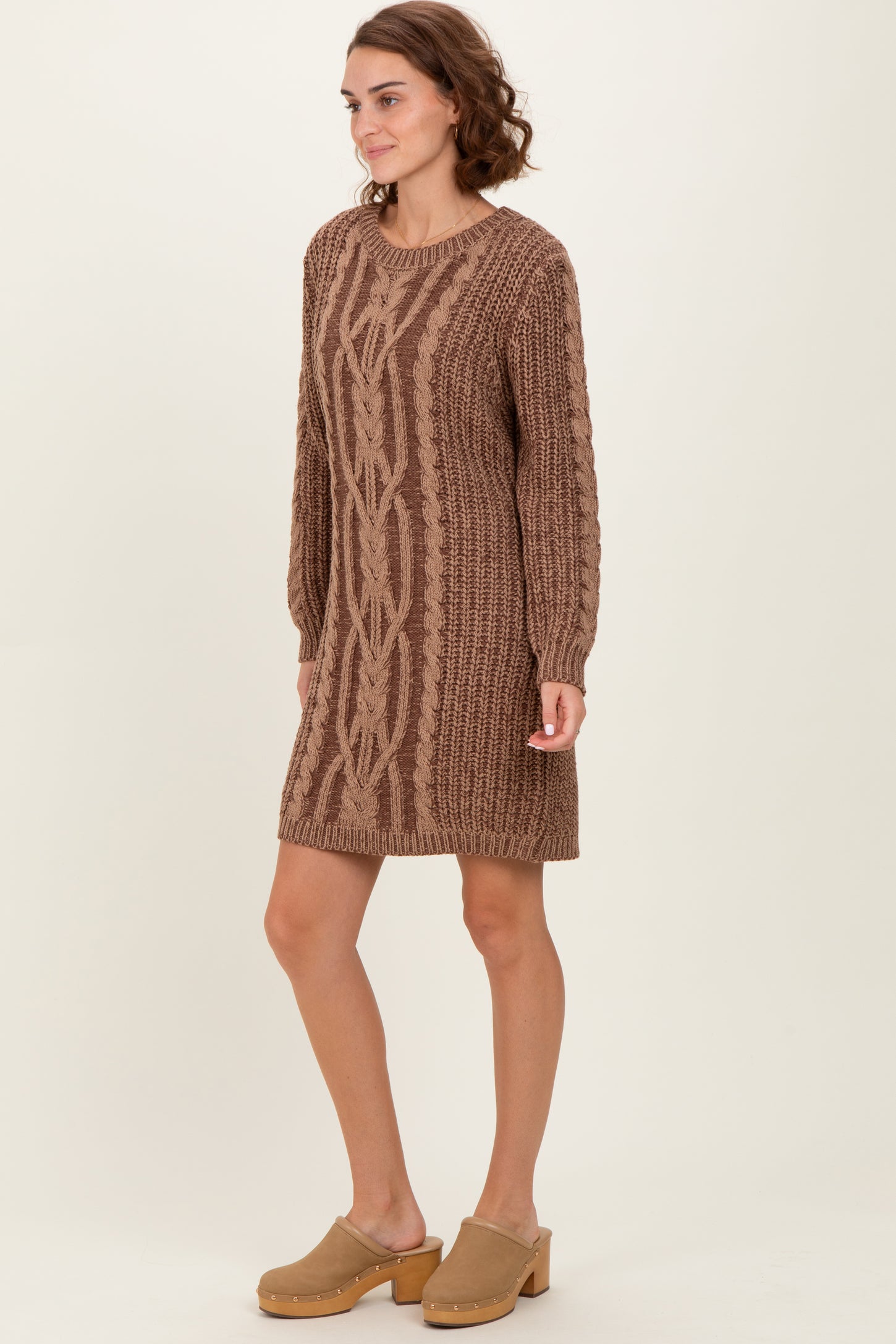 Brown Two Tone Cable Knit Mini Sweater Dress