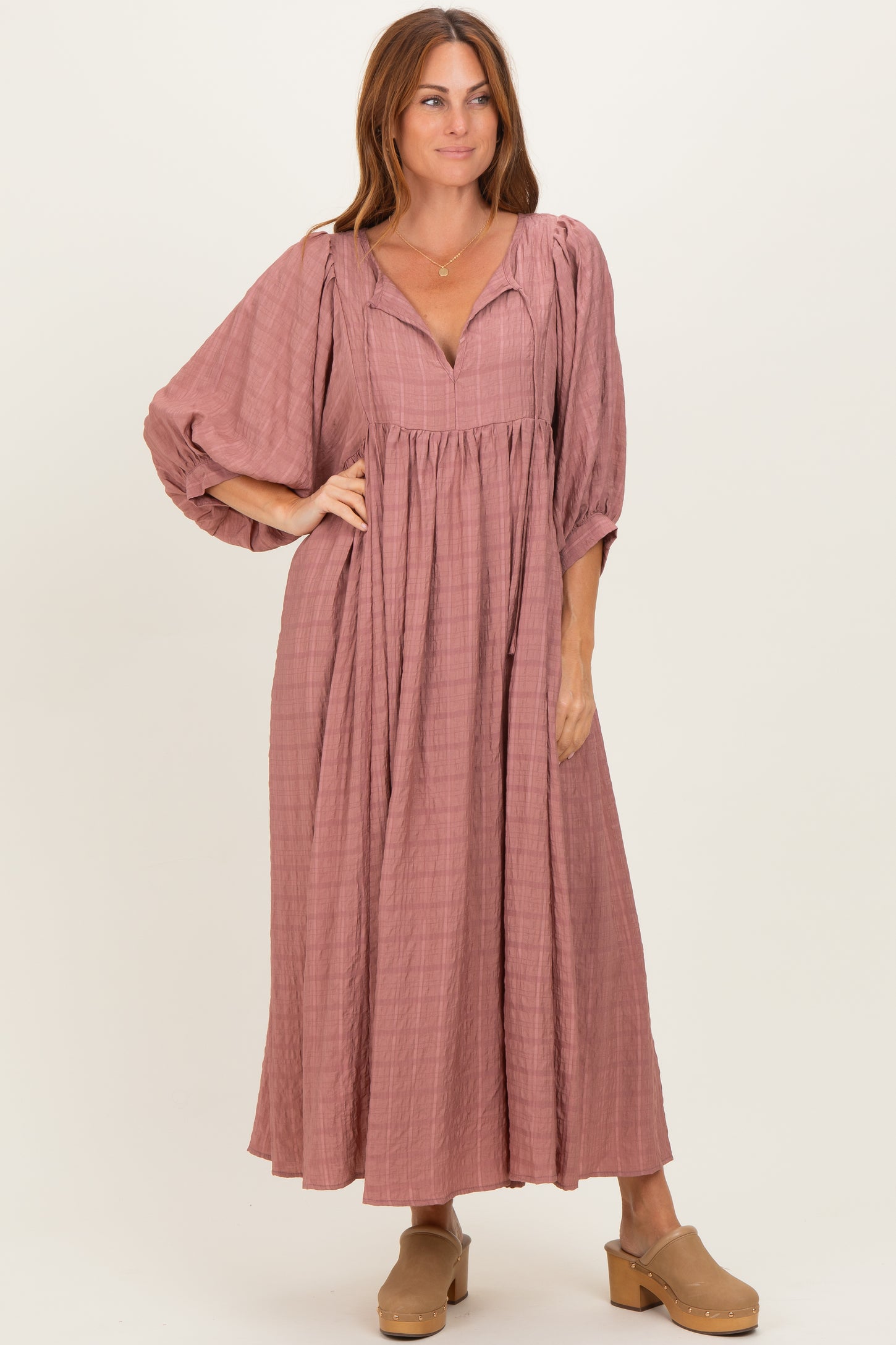 Mauve Plaid Front Tie Cutout Midi Dress