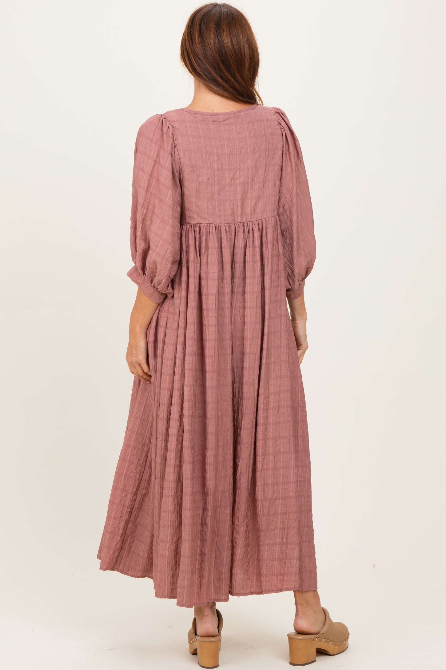 Mauve Plaid Front Tie Cutout Midi Dress