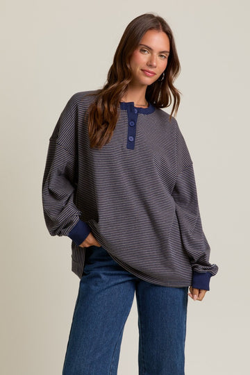 Navy Striped Oversized Button Up Pullover Top