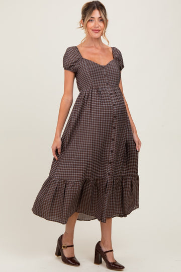 Brown Plaid Puff Sleeve Button Down Maternity Maxi Dress
