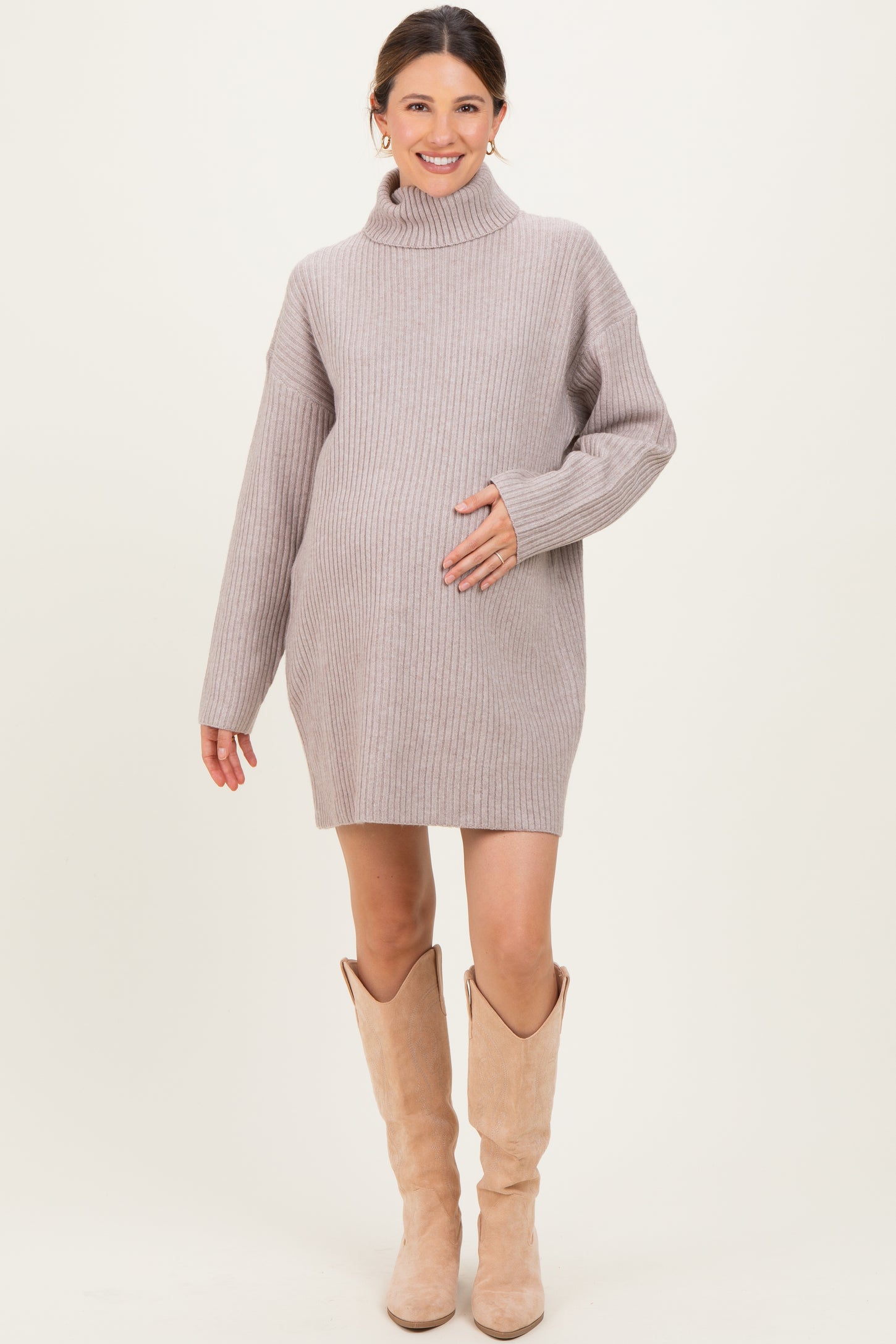 Taupe Turtleneck Chunky Knit Maternity Sweater Dress